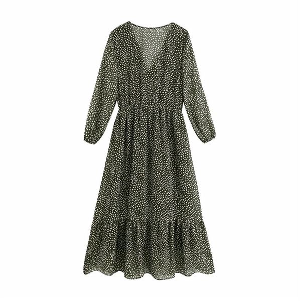 

2021 new women raing fashion polka dot printed v-neck midi dress elegant vintage elastic waist long sleeves mujer dresses tgfx, Black;gray