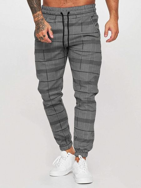 

men plaid drawstring waist pants l2l8#, Black