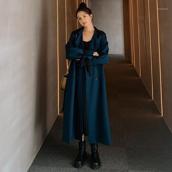 

women's windbreaker mid-length 2021 spring autumn new navy blue korean loose lapel long-sleeved fashion high-end coat female l61, Tan;black
