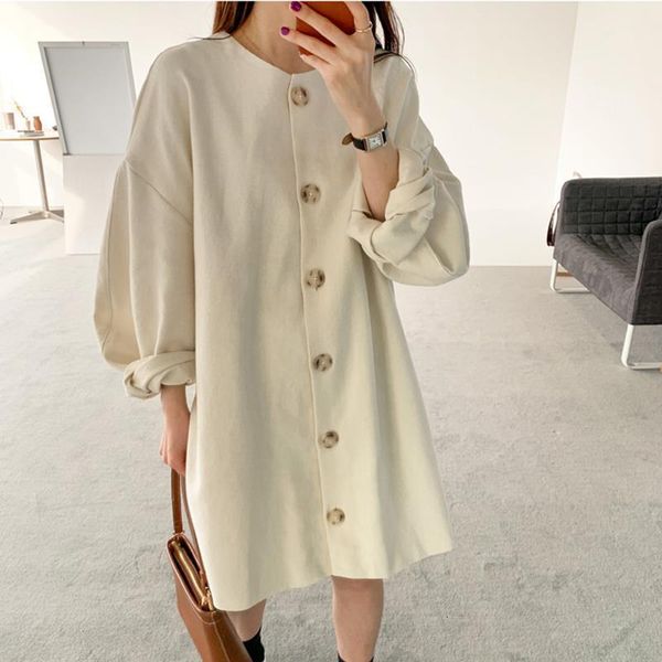 

single breasted midi dress women elegant autumn dress casual long puff sleeve loose party dress oversized o neck korean, Black;gray
