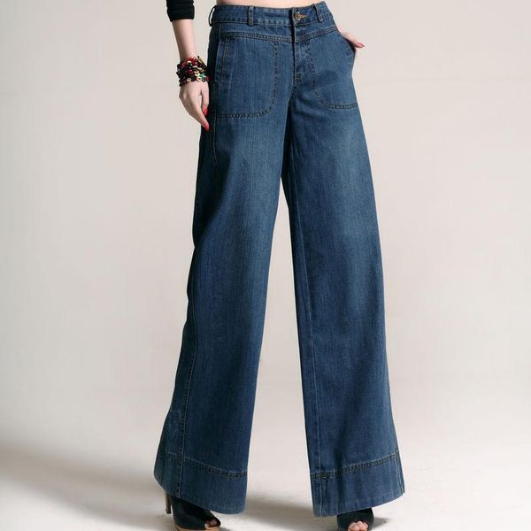 

women's jeans spring fall casual women high waisted wide leg loose denim trousers , autumn straight blue pants for woman
