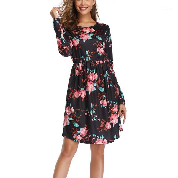 

floral print crew neck women dress with pocket casual holiday shopping beach long sleeve daily loose home soft polyester1, Black;gray