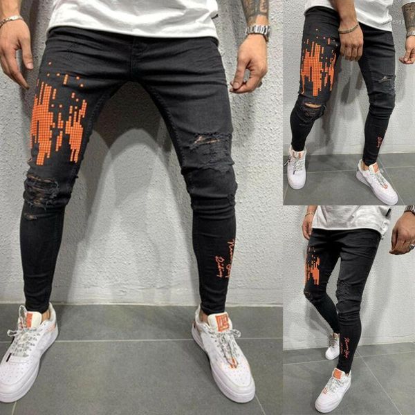 

men's skinny ripped pant biker casual frayed stretchy slim fit trousers pencil pant autumn new1, Black