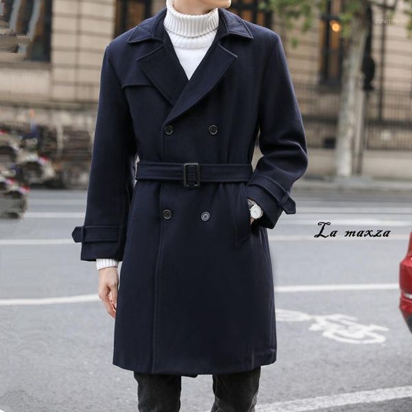 

9xl korean style men casual coat winter 2020 double breasted belt cashmere long coat plus size1, Black
