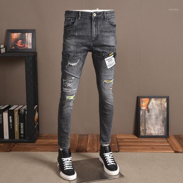

2020 ripped patch men jeans hip hop gray black jeans for men fashion letter embroidery stretch slim fit hole denim pencil pants1, Blue