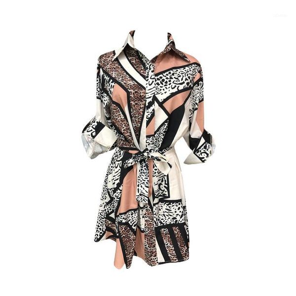 

casual dresses fashion women animal printed shirts dress, tie waist roll up sleeve buttons down pleated dress autumn wholesale1, Black;gray