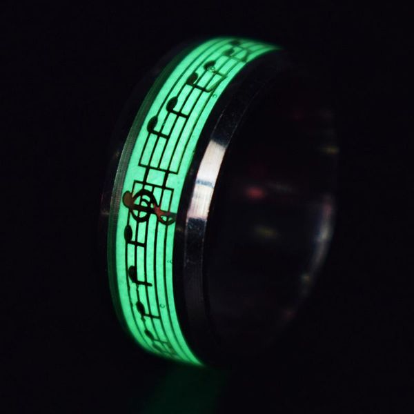 

wedding rings stainless steel music stave luminous men jewelry fluorescent glowing inlay jesus letter for women, Slivery;golden