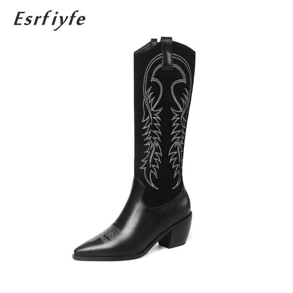 

boots esrfiyfe 2021 black embroidered knee high women pointy toe spike kitten heels winter long knight