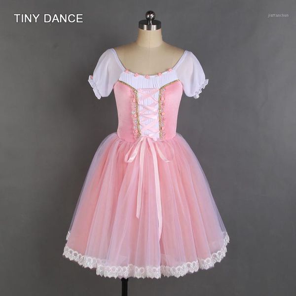 

puff sleeve pale pink ballet dance tutu stretch velvet bodice with romantic length tutu skirt ballerina dress costume b200191, Black;red