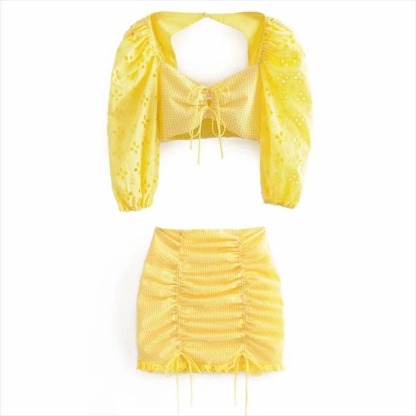 

deat 2020 summer half puff sleeve square collar lace up yellow crop short mini lace skirt two piece set women outfits, Gray