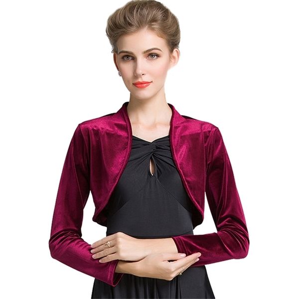 

burgundy red ladies cropped velvet long sleeve shrug womens bolero jacket cardigan outwear plus sizes available y201007, Blue;gray