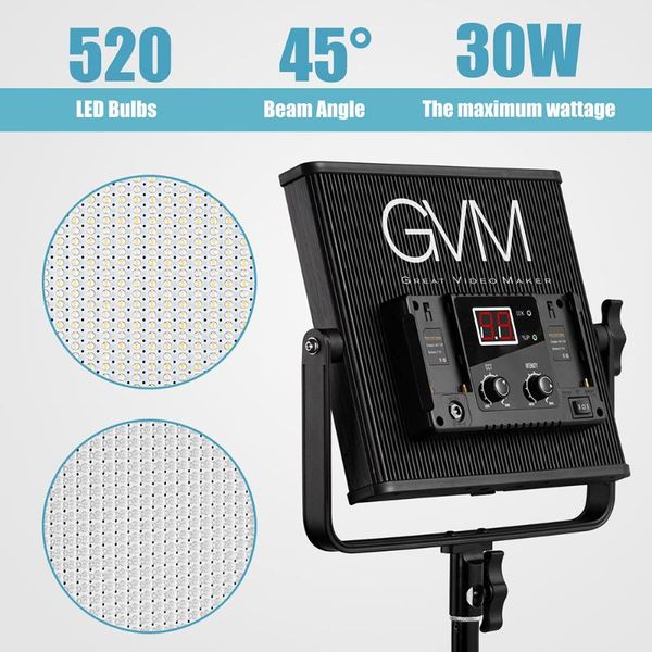 

flash heads gvm gvm-520ls-b dimmable bi-color led video panel ligh aluminum alloy housing with u-bracket for interview studio lighting 30w
