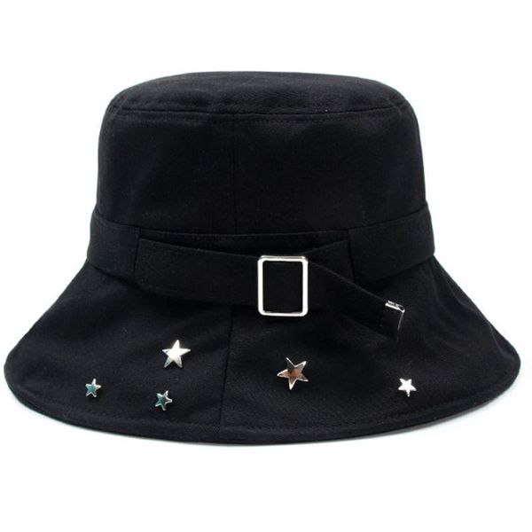 

women pentagram star rivets harajuku bucket hat metal buckle decorative outdoor sunscreen hip hop panama fisherman cap, Blue;gray