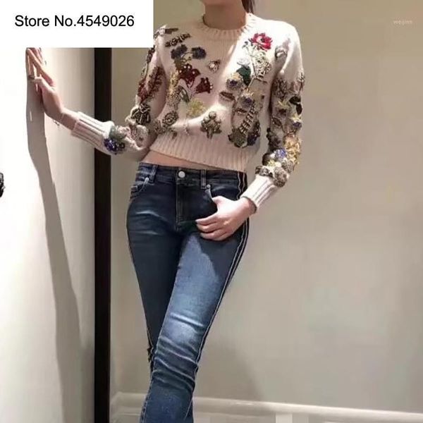 

2018 autumn winter pullovers women's sweater luxurious crystal beading wool blend knitting sweater, White;black