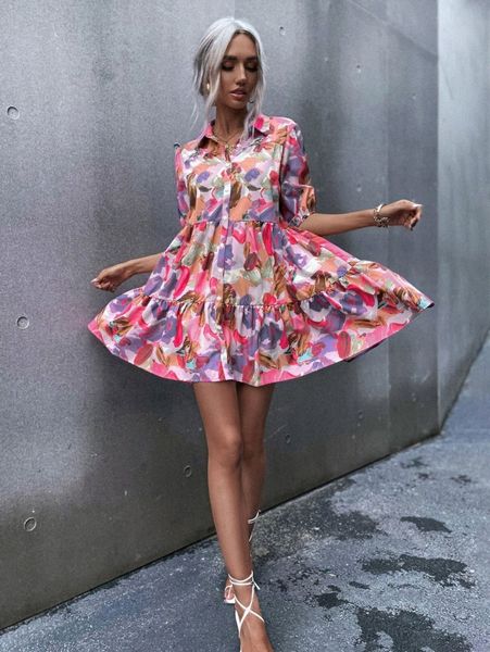 

brush print puff sleeve smock dress 9205#, Black;gray