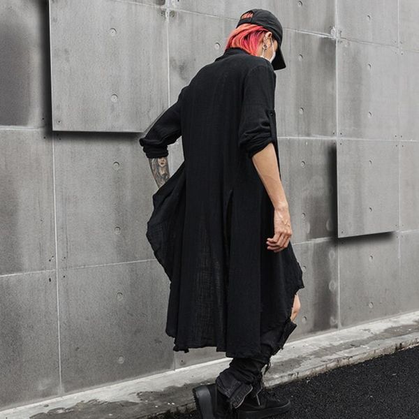 

2021 cotton linen shirt long cardigan oversized male stage singer attire mantle hip hop cape mm8j, White;black