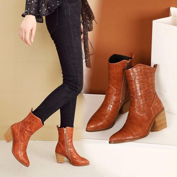 

pxelena ins women combat gothic ankle boots chunky high heels snake print western cowboy boots lady shoes big size 34-43, Black