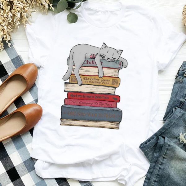 

women lady 90s cat sleepy cartoon summer cute fall animal print tshirt female t tee womens shirt clothes graphic t-shirt, White