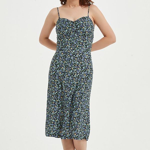 

women vintage dress floral printing v-neck sling sleeveless backless holiday style female midi dress spring summer robes1, Black;gray
