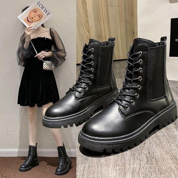 

женская ботильоны женские favorite pu кожа короткие сапоги пятки платформы женщины квартиры обувь мода женский черный botas new, Black