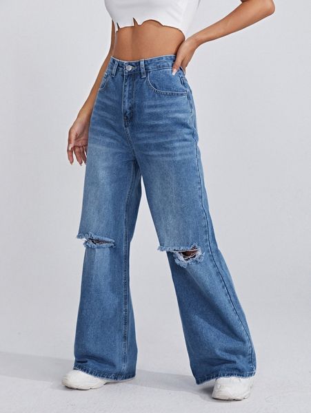 

high waist ripped wide leg jeans b2kz#, Blue