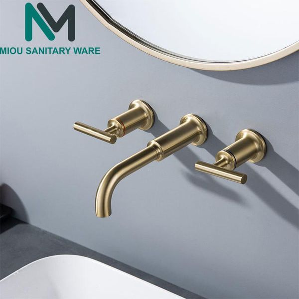 

bathroom sink faucets brass double handle wall mounted faucet & cold water taps basin mixer brushed gold tap set