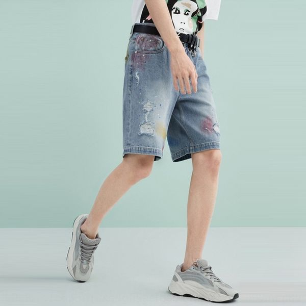 

ditkp summer tide brand beggar street pants g ankle-length hole-breaking jeans and jeans men's korean style trendy splash ink graffiti, Blue