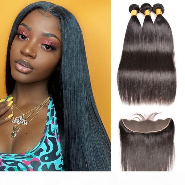 

silk straight wave human hair bundles with 13x4 ear to ear lace frontal virgin peruvian straight human hair extensions, Black