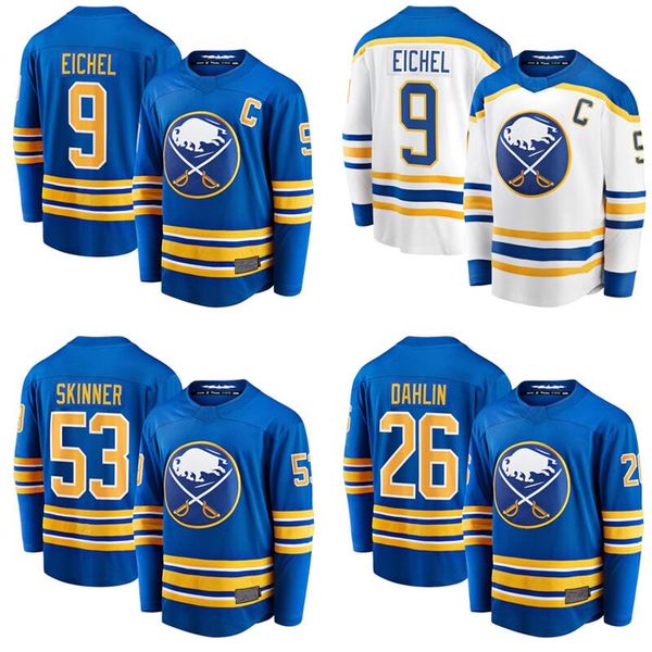 

2021 buffalo sabres 9 jack eichel jersey hockey 26 rasmus dahlin 53 jeff skinner 50th home royal navy blue white stitched man woman kid, Black;red