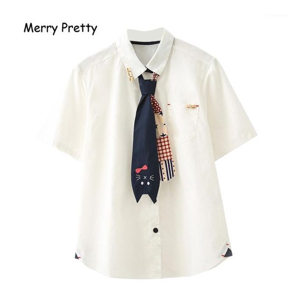 

merry pretty japanese mori girl autumn white blouse women cute kawaii cat print bow tie school uniform preppy style shirt female1