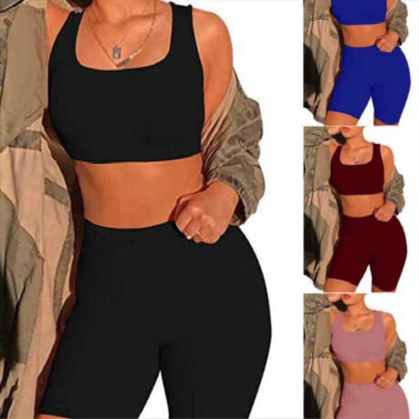 

summer womens solid color fashion bodycon two piece dress crop tank short pants set outfits, Gray