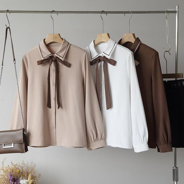 

loose korean style long sleeve blouse bow patchwork long sleeve chic streetwear dot embroidery harajuku cardigan female 1, White