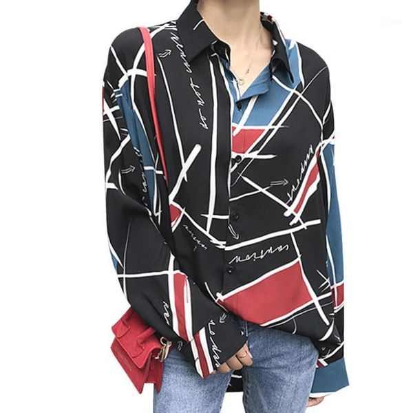 

women's blouses & shirts chiffon elegant shirt women 2021 autumn turn-down collar geometric print long sleeve blusas feminina 1, White