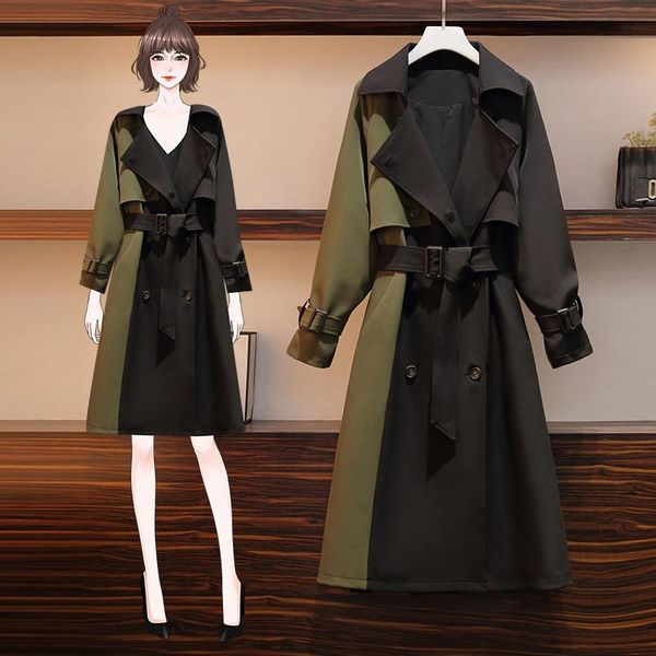 

2021 spring autumn trench coat women plus size long coat chic classic female windbreaker with belt overcoats g670, Tan;black