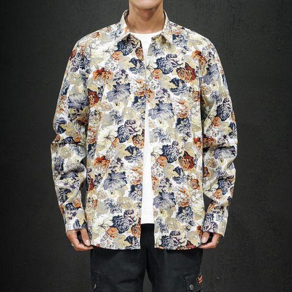 

осень-весна новый мужской цветок рубашка повседневный сыпучие с длинными рукавами рубашки гавайи мужской марка одежда цветочная печатный муж, White;black
