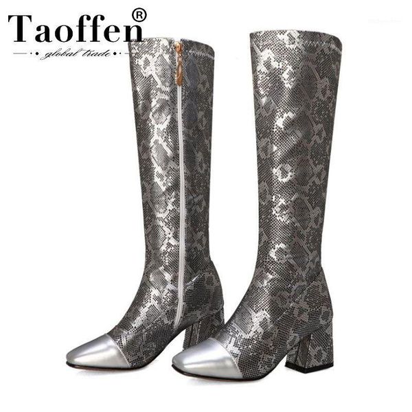 

boots taoffen plus size 32-48 lady square toe knee high snakeskin pattern zipper woman shoes winter autumn footwear1, Black