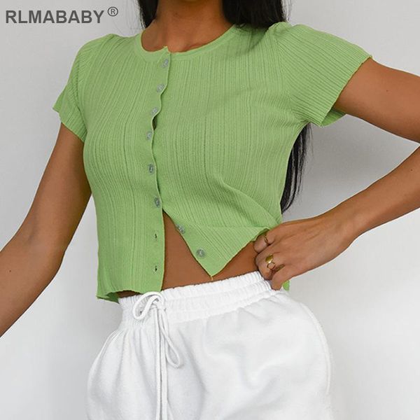

summer vacation round neck short sleeve white cropped casual button women simple streetwear ladies green tshirts top
