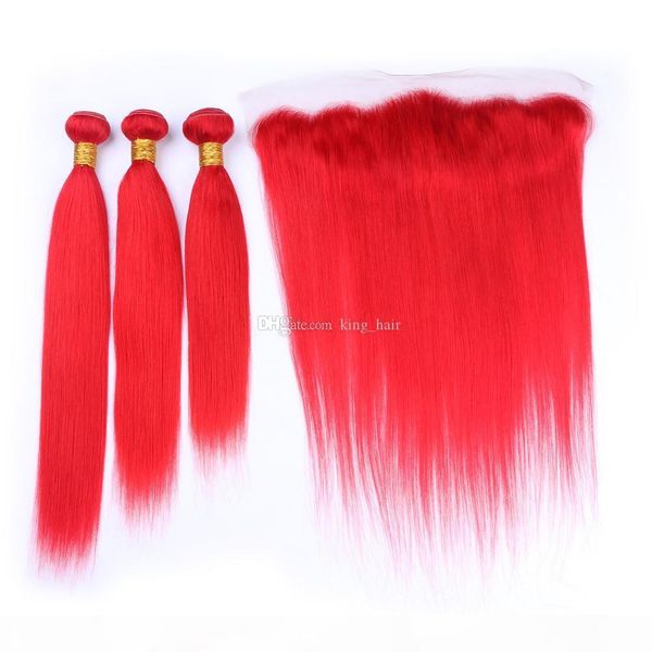 

silky straight ear to ear frontal with ruby red hair extension bright red straight human hair 3bundles with frontal closure 13x4, Black;brown