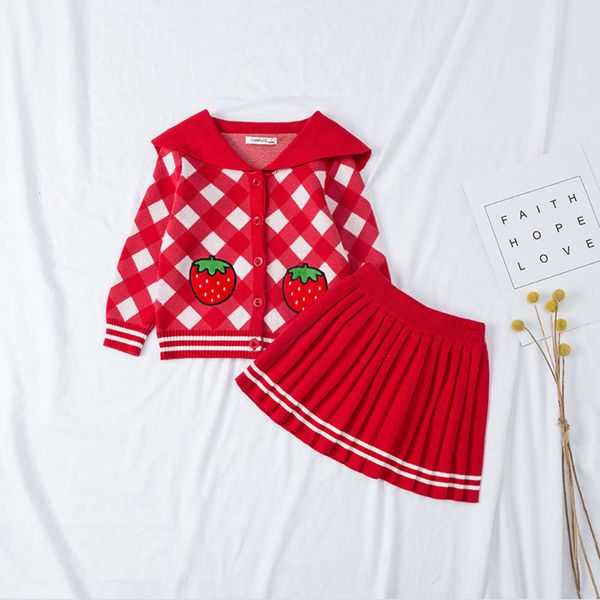 

2020 children's sweater cartoon red plaid merlot dc embroidery navy collar knitting suit 2-piece girl's half skirt set, Blue