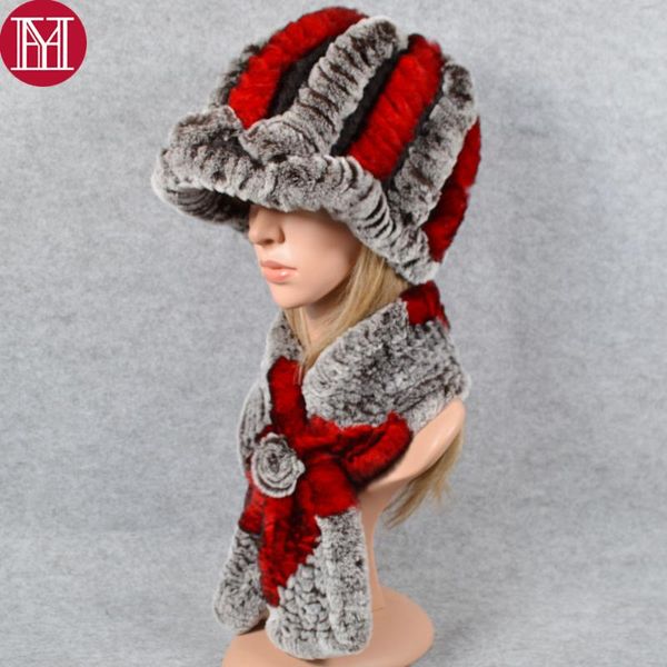 

scarves russia lady windproof 2 pieces sets real rex fur hat scarf cap natural neckerchief hats, Blue;gray