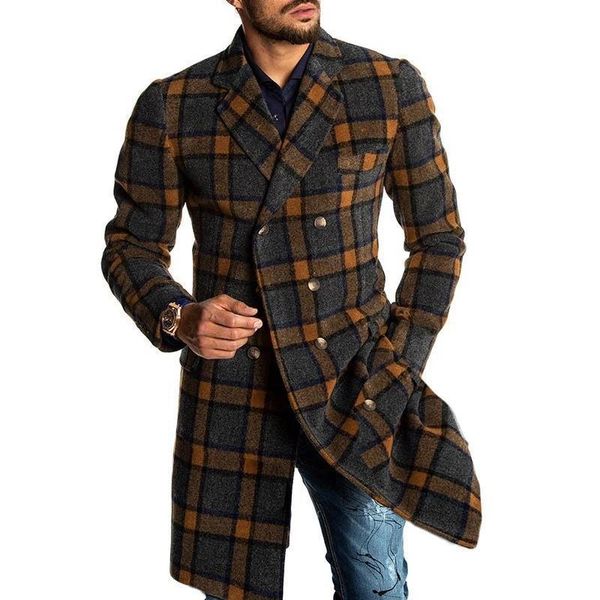 

woolen men coat plus size windbreaker handsome brown long plaid single-breasted warm coat in stock sale, Black;gray