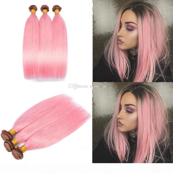 

two color dark brown and pink human hair bundles ombre color silky straight virgin human hair wefts piano color hair 3bundles, Black