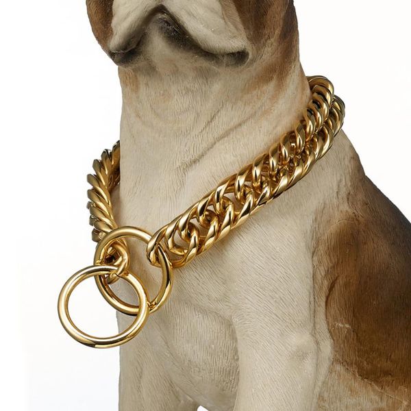 

16mm/19mm dog collar heavy large breeds heavy duty stainless steel gold cuban curb chain pet dogs training choker collar 12"-36, Silver