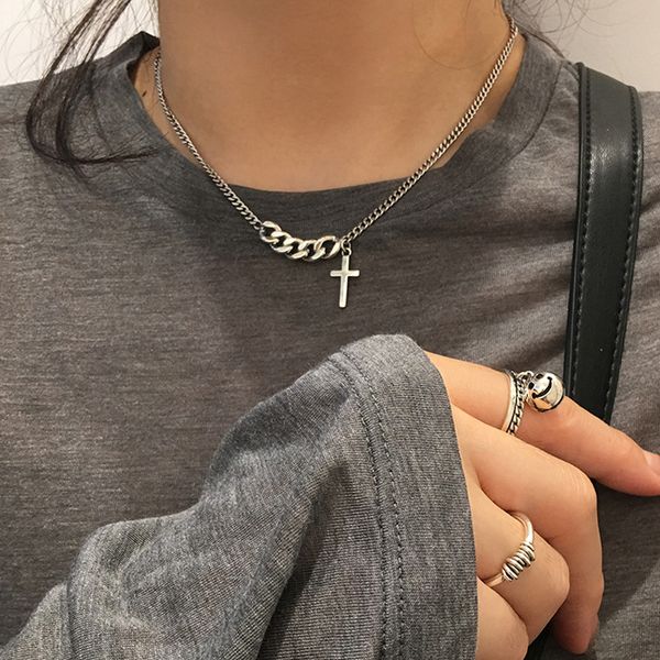 

cross necklace women ins japanese and korean asymmetric titanium steel chain personalized hip hop fashion accessories, Silver