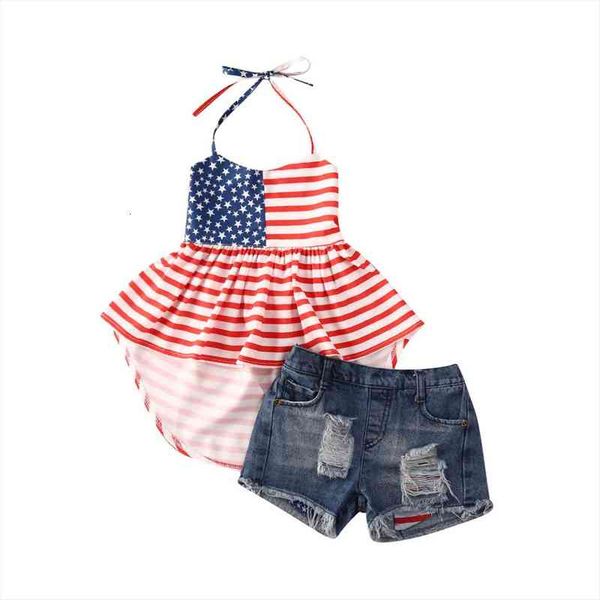 

independence day 1-6y summer kids baby girls clothes sets striped print sleeveless vest dress denim shorts, White