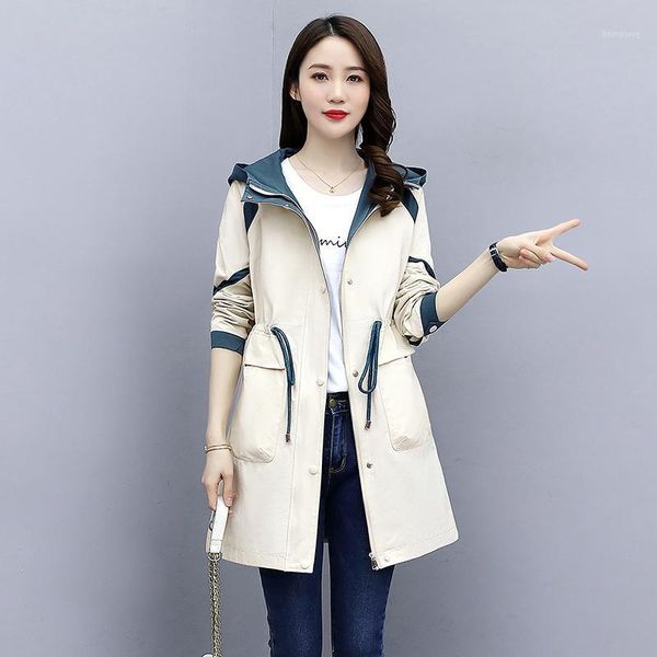 

2020 spring autumn new women trench coat hooded waist drawstring slim long overcoat female casual windbreaker1, Tan;black