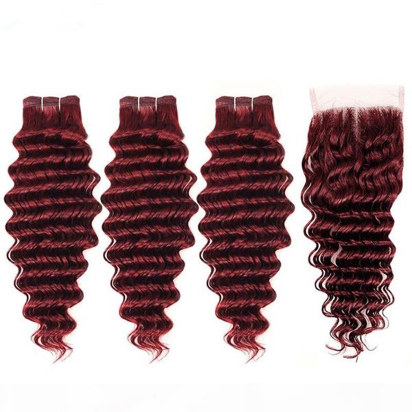 

deep wave #99j wine red lace closure 4x4 with bundles burgundy red virgin malaysian human hair weaves 3 bundle deals with closure, Black