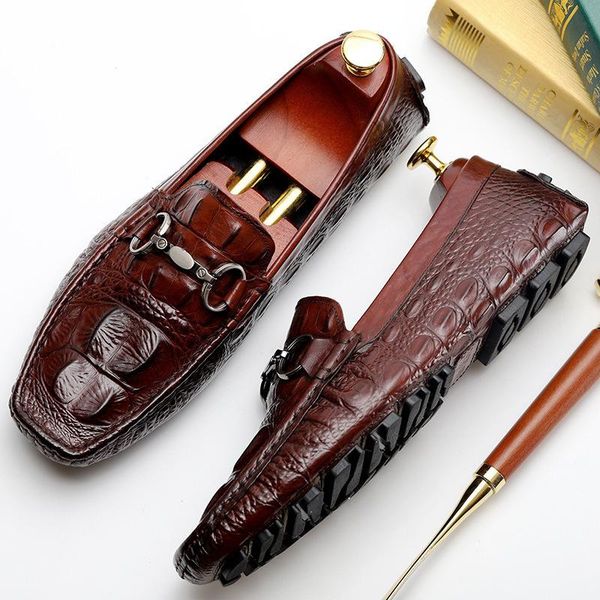 

2020 genuine leather fashion men's casual driving formal brown derby classic dress shoes crocodile pattern business loafers men, Black
