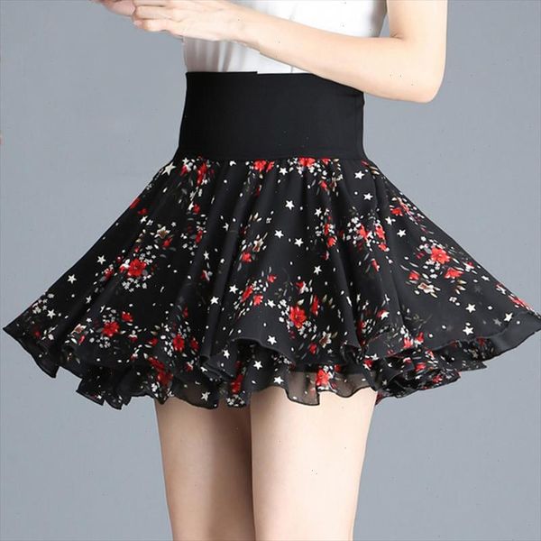 

elastic high waist swing floral chiffon black pleated short skirts womens kawaii japanese school girl mini skirt skorts c474