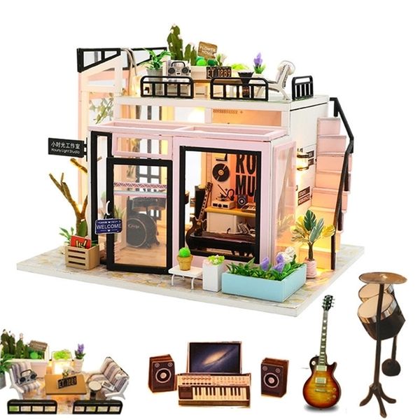 

1:12 dollhouse studio diy wooden doll with radio bass accessories miniaturas house kast furniture kit casa de juguete y200704